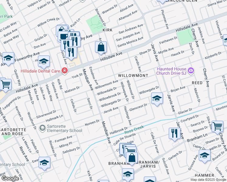 map of restaurants, bars, coffee shops, grocery stores, and more near 1580 Willowdale Drive in San Jose