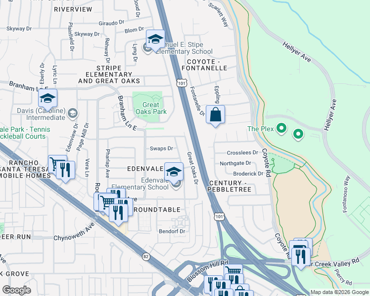map of restaurants, bars, coffee shops, grocery stores, and more near 5245 Carryback Avenue in San Jose