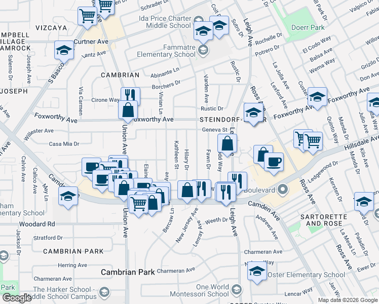 map of restaurants, bars, coffee shops, grocery stores, and more near 3298 Hilary Drive in San Jose