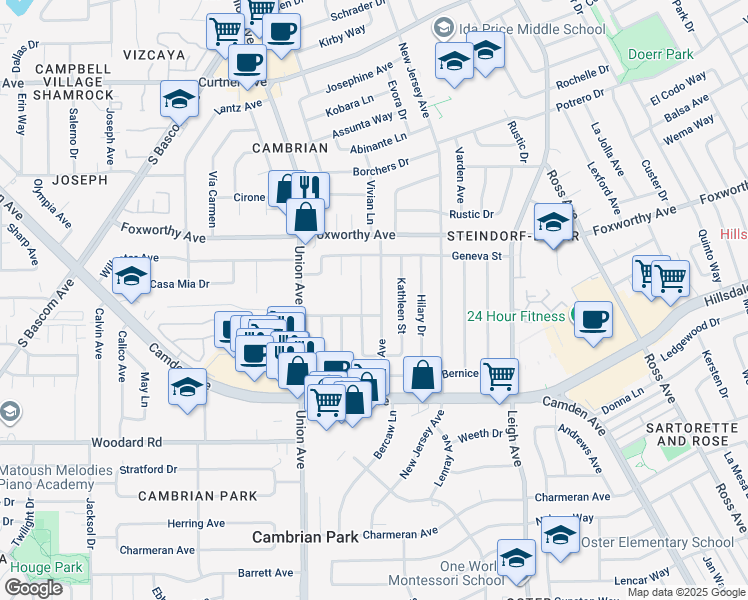 map of restaurants, bars, coffee shops, grocery stores, and more near 3319 Browning Avenue in San Jose