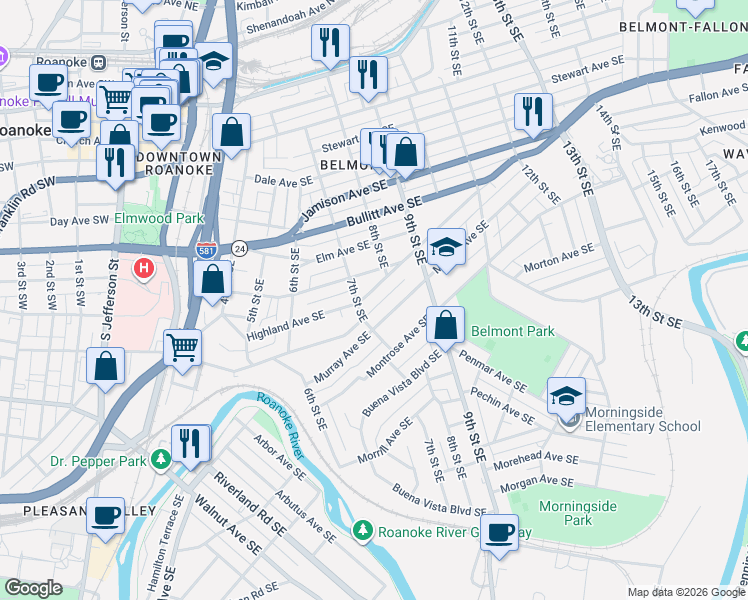 map of restaurants, bars, coffee shops, grocery stores, and more near 1009 7th Street Southeast in Roanoke