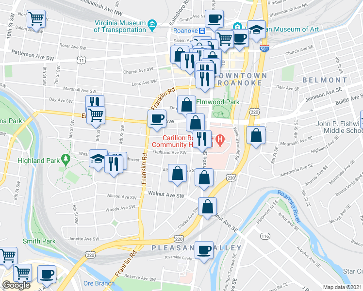 map of restaurants, bars, coffee shops, grocery stores, and more near 212 Highland Avenue Southwest in Roanoke