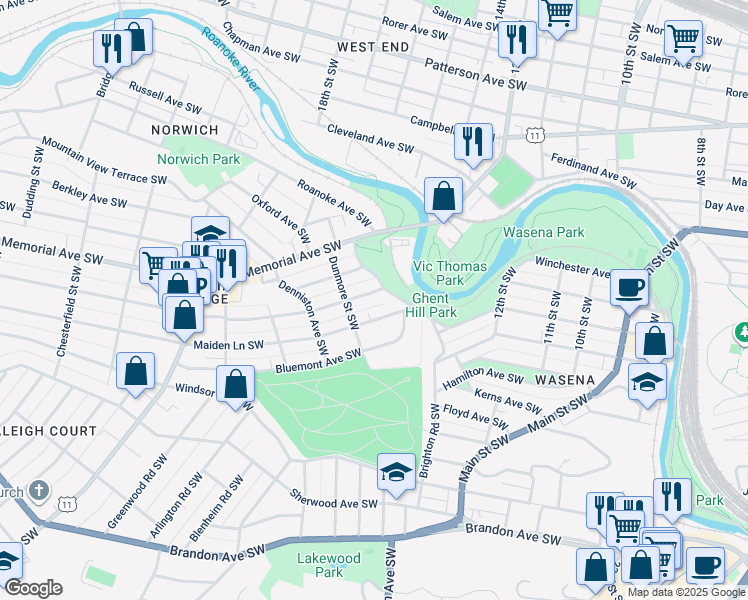 map of restaurants, bars, coffee shops, grocery stores, and more near 1512 Westover Avenue Southwest in Roanoke