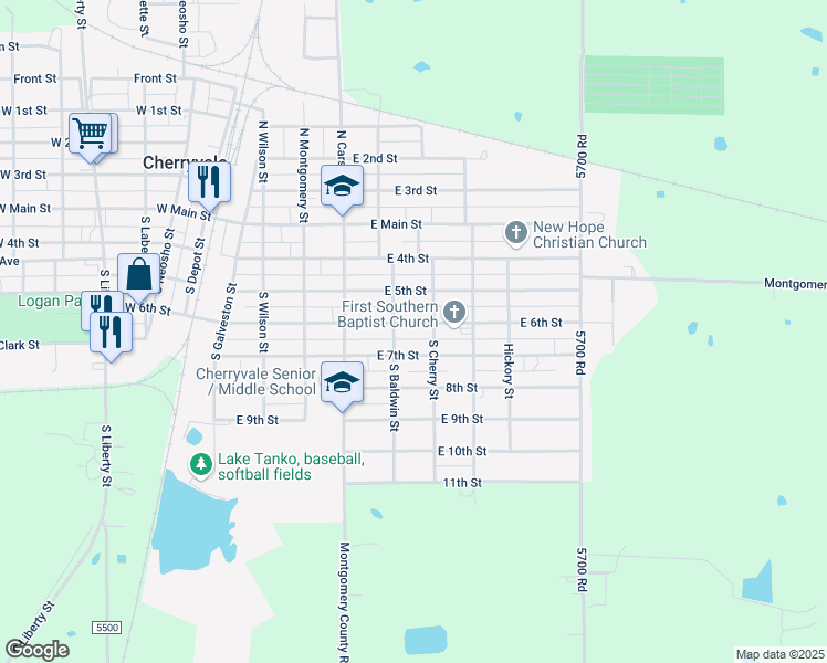 map of restaurants, bars, coffee shops, grocery stores, and more near 600-698 East 7th Street in Cherryvale