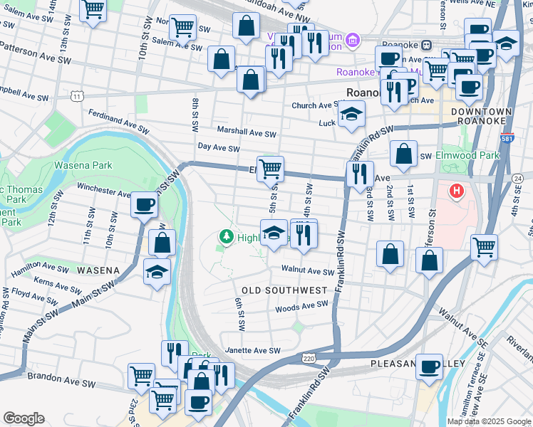 map of restaurants, bars, coffee shops, grocery stores, and more near 513 Washington Avenue Southwest in Roanoke