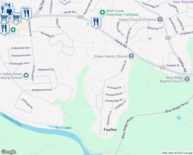 map of restaurants, bars, coffee shops, grocery stores, and more near 1454 Abbey Circle in Vinton