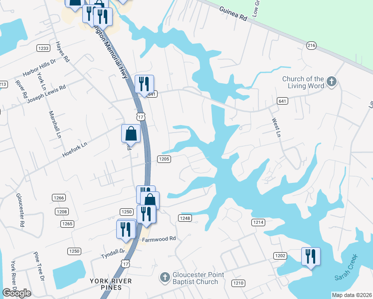 map of restaurants, bars, coffee shops, grocery stores, and more near 7748 Jordan Road in Gloucester Point