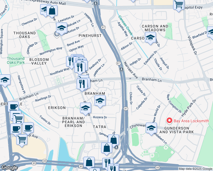 map of restaurants, bars, coffee shops, grocery stores, and more near 4590 Cimarron River Court in San Jose