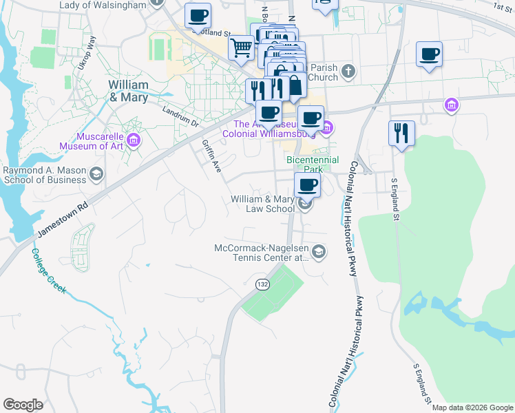 map of restaurants, bars, coffee shops, grocery stores, and more near 674 Counselors Way in Williamsburg