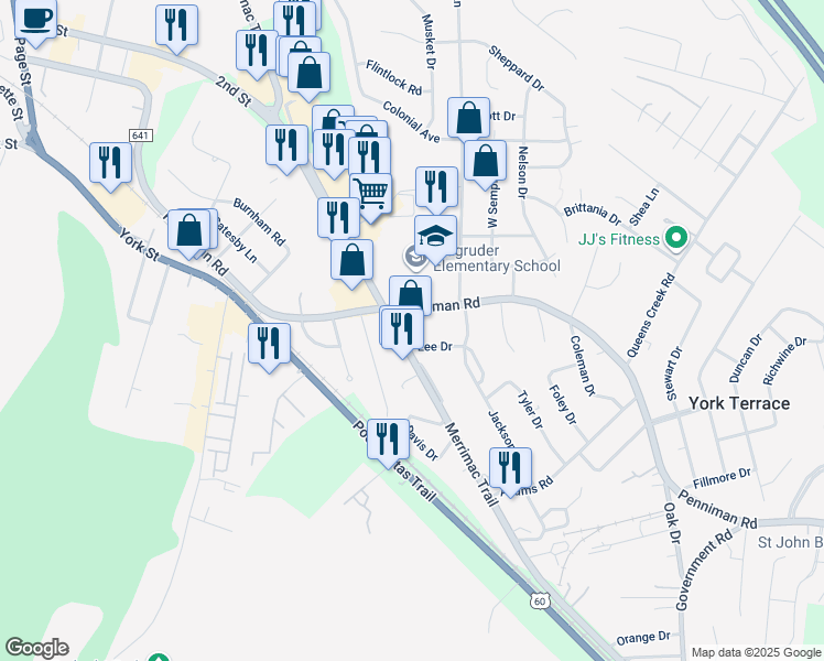 map of restaurants, bars, coffee shops, grocery stores, and more near 7132 Merrimac Trail in Williamsburg