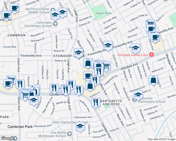 map of restaurants, bars, coffee shops, grocery stores, and more near 1811 Hillsdale Avenue in San Jose