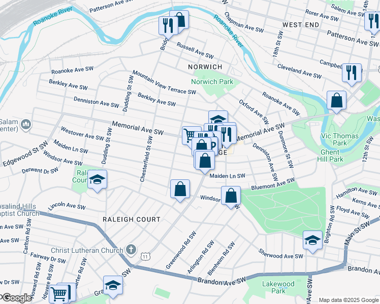 map of restaurants, bars, coffee shops, grocery stores, and more near 2024 Westover Avenue Southwest in Roanoke