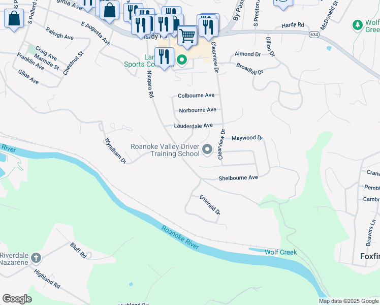 map of restaurants, bars, coffee shops, grocery stores, and more near 1100 Niagara Road in Vinton