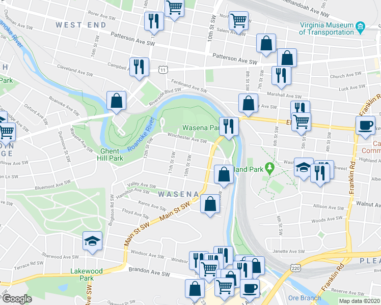 map of restaurants, bars, coffee shops, grocery stores, and more near 1099 10th Street Southwest in Roanoke