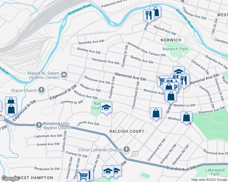 map of restaurants, bars, coffee shops, grocery stores, and more near 1600-1698 Dudding St SW in Roanoke