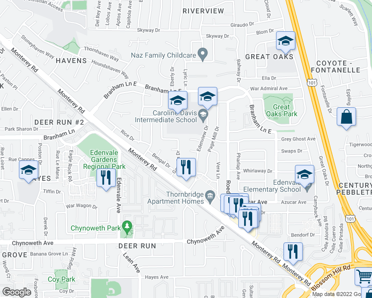 map of restaurants, bars, coffee shops, grocery stores, and more near 119 Brice Court in San Jose