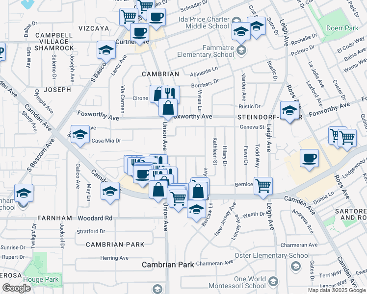 map of restaurants, bars, coffee shops, grocery stores, and more near 1965 Cambrianna Drive in San Jose
