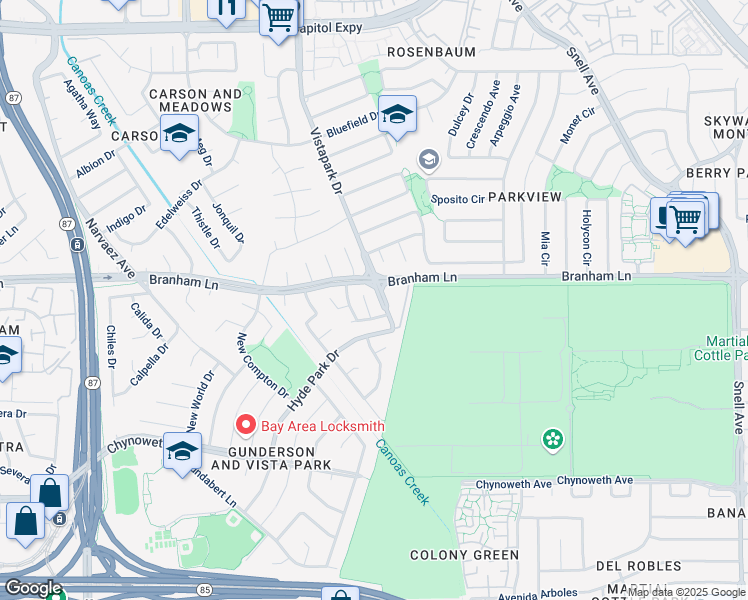 map of restaurants, bars, coffee shops, grocery stores, and more near 374 Violeta Court in San Jose