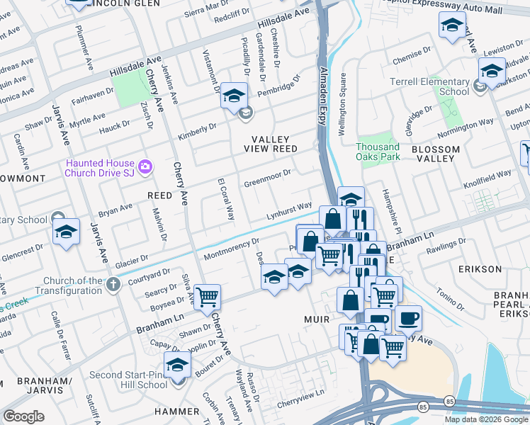 map of restaurants, bars, coffee shops, grocery stores, and more near 1278 Lynhurst Way in San Jose