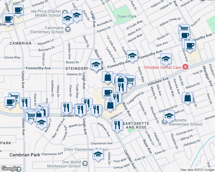 map of restaurants, bars, coffee shops, grocery stores, and more near 1805 Hillsdale Ave in San Jose
