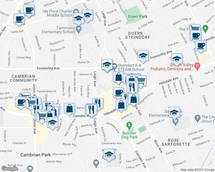 map of restaurants, bars, coffee shops, grocery stores, and more near 1825 Hillsdale Avenue in San Jose