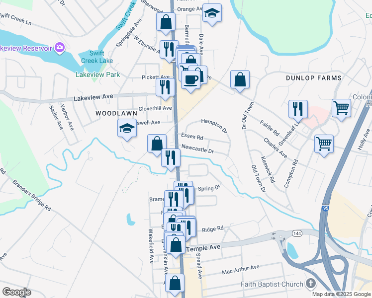 map of restaurants, bars, coffee shops, grocery stores, and more near 202 North Valley Road in Colonial Heights
