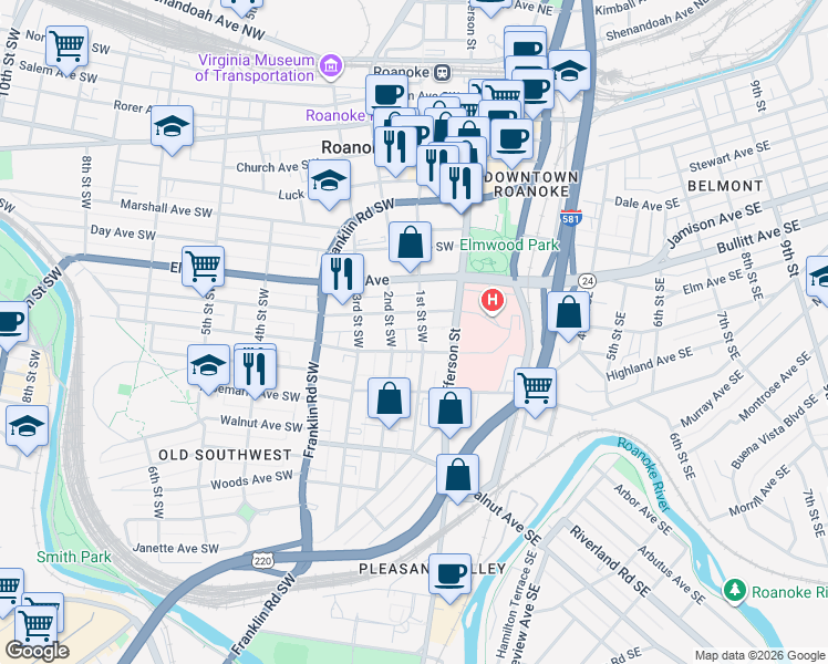 map of restaurants, bars, coffee shops, grocery stores, and more near 1001 1st Street Southwest in Roanoke