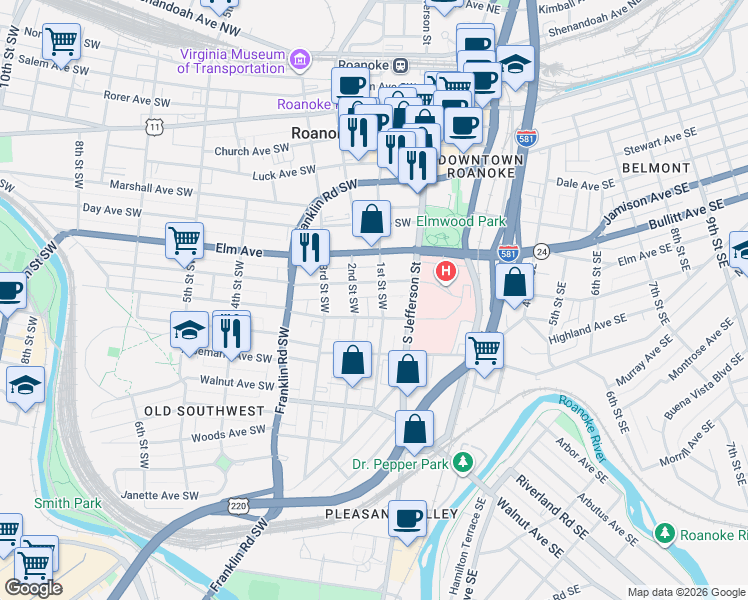 map of restaurants, bars, coffee shops, grocery stores, and more near 1001 1st Street Southwest in Roanoke
