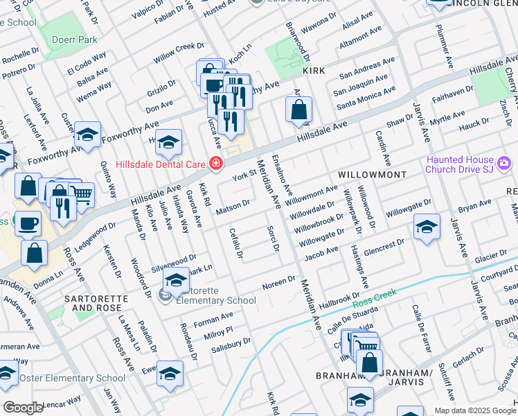 map of restaurants, bars, coffee shops, grocery stores, and more near 1637 Willowmont Avenue in San Jose