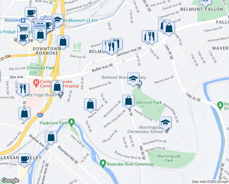 map of restaurants, bars, coffee shops, grocery stores, and more near 802 Murray Avenue Southeast in Roanoke