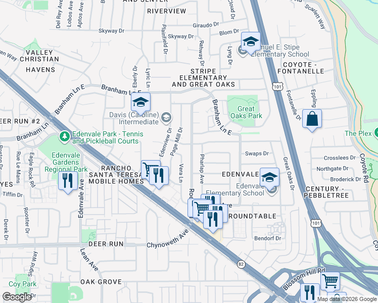 map of restaurants, bars, coffee shops, grocery stores, and more near 5138 Vera Lane in San Jose