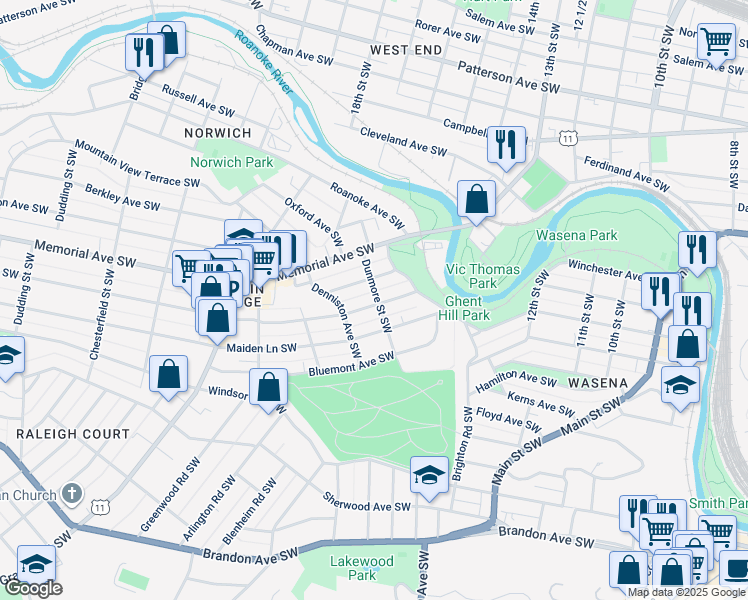map of restaurants, bars, coffee shops, grocery stores, and more near 1601 Westover Avenue Southwest in Roanoke