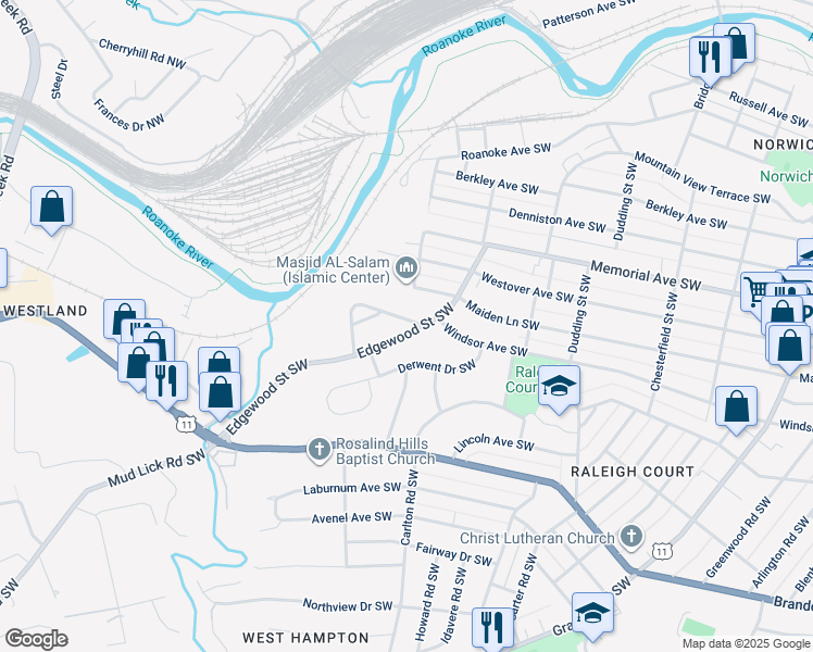 map of restaurants, bars, coffee shops, grocery stores, and more near 2601 Edgewood Street Southwest in Roanoke