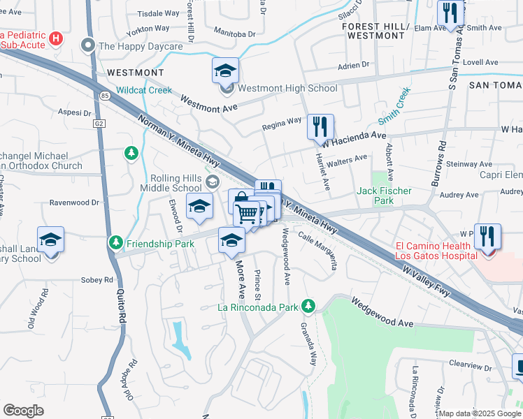 map of restaurants, bars, coffee shops, grocery stores, and more near 1662 Las Piedras Court in Los Gatos