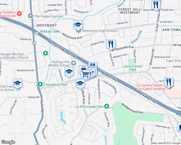 map of restaurants, bars, coffee shops, grocery stores, and more near 1662 Las Piedras Court in Los Gatos
