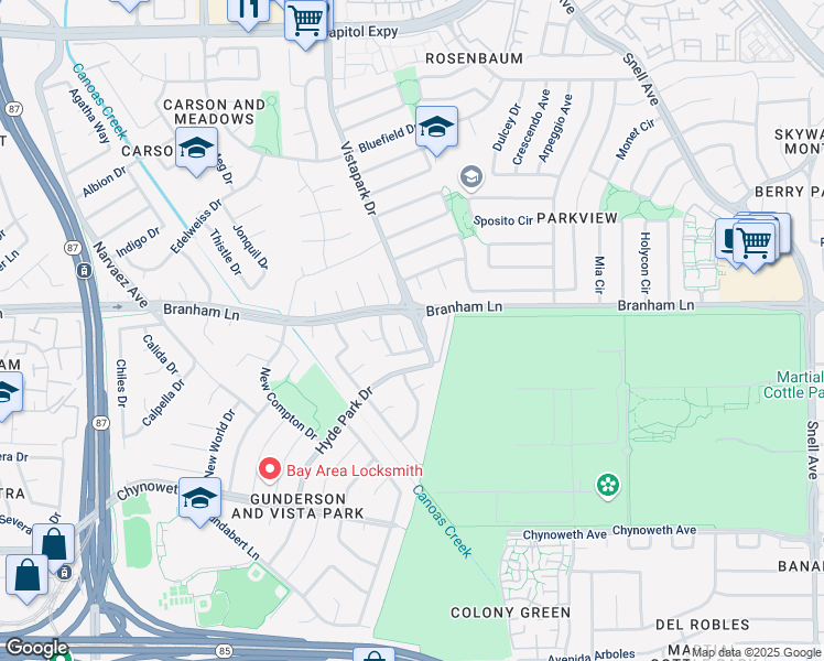 map of restaurants, bars, coffee shops, grocery stores, and more near 374 Violeta Court in San Jose