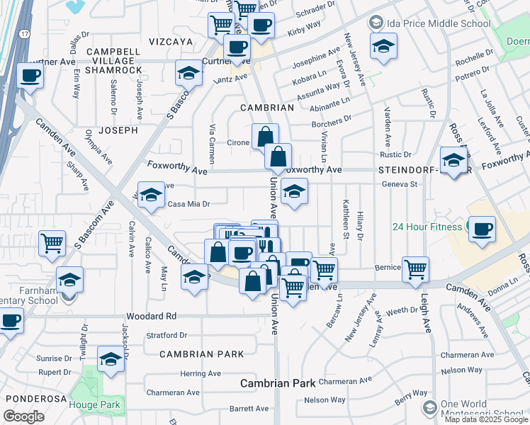 map of restaurants, bars, coffee shops, grocery stores, and more near 3233 Union Avenue in San Jose