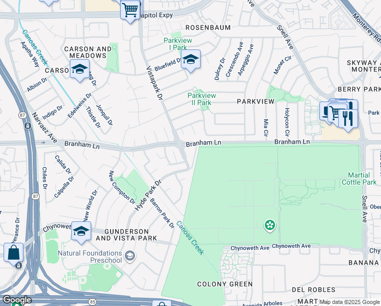 map of restaurants, bars, coffee shops, grocery stores, and more near 362 Sunpark Court in San Jose