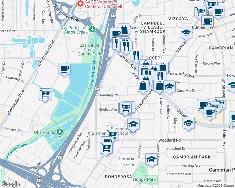 map of restaurants, bars, coffee shops, grocery stores, and more near 189 Redding Road in Campbell