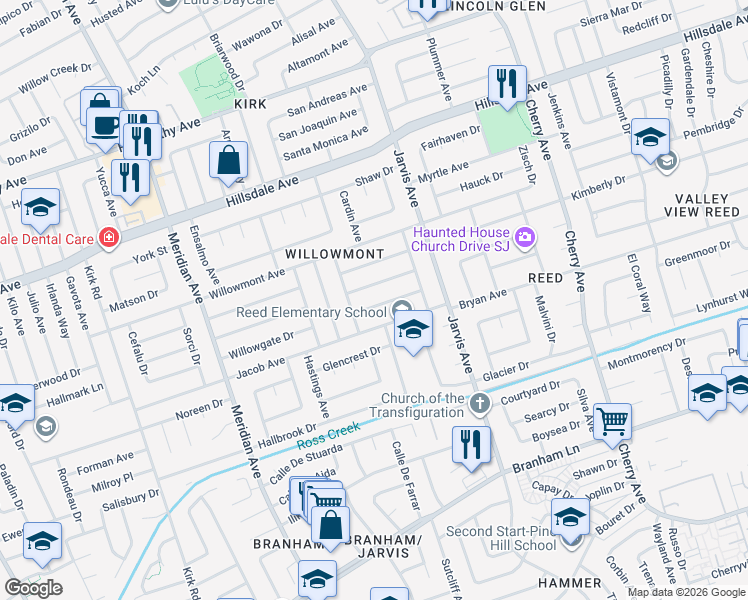 map of restaurants, bars, coffee shops, grocery stores, and more near 1535 Willowgate Drive in San Jose