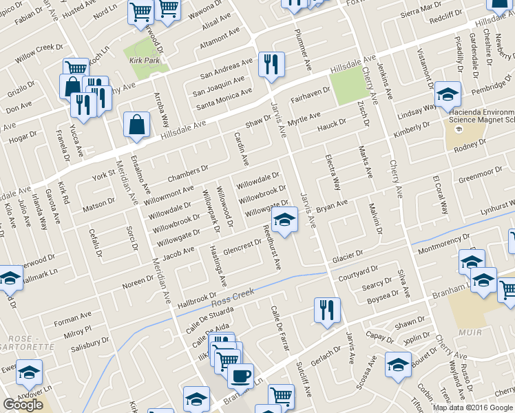 map of restaurants, bars, coffee shops, grocery stores, and more near 1535 Willowgate Drive in San Jose