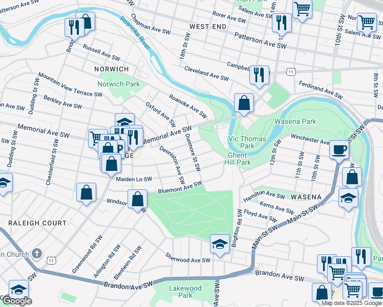 map of restaurants, bars, coffee shops, grocery stores, and more near 1601 Westover Avenue Southwest in Roanoke