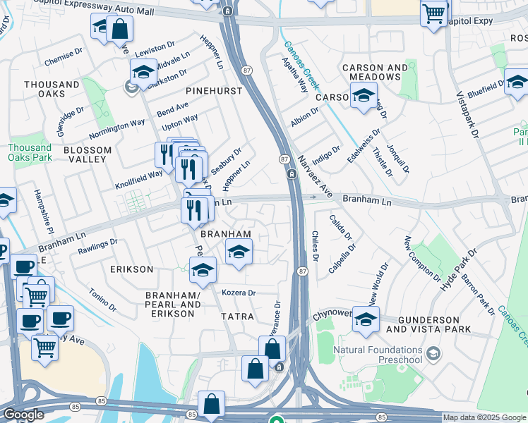 map of restaurants, bars, coffee shops, grocery stores, and more near 4548 Cimarron River Court in San Jose