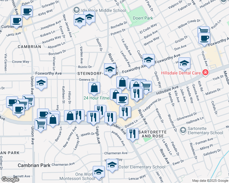 map of restaurants, bars, coffee shops, grocery stores, and more near 3266 Kimber Court in San Jose