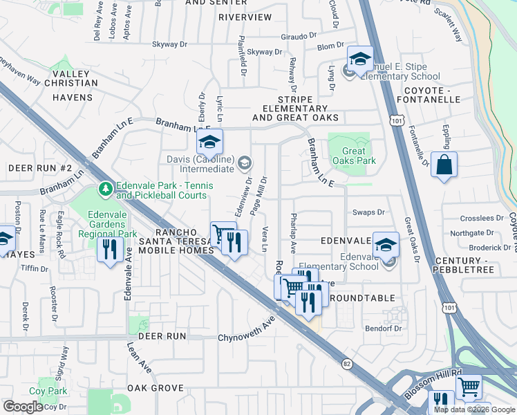 map of restaurants, bars, coffee shops, grocery stores, and more near 5052 Edenview Drive in San Jose