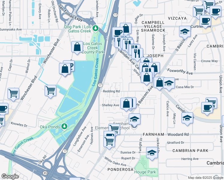 map of restaurants, bars, coffee shops, grocery stores, and more near 127 Redding Road in Campbell