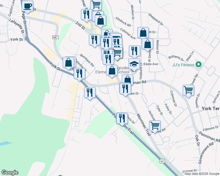 map of restaurants, bars, coffee shops, grocery stores, and more near 842 Merrimac Trail in Williamsburg