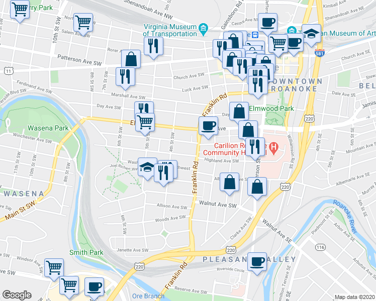 map of restaurants, bars, coffee shops, grocery stores, and more near 349 Mountain Avenue Southwest in Roanoke
