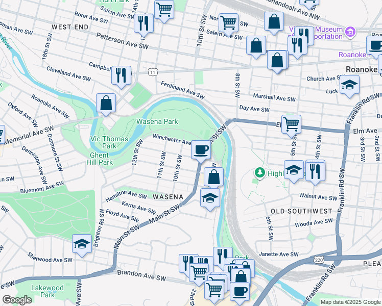 map of restaurants, bars, coffee shops, grocery stores, and more near 901-999 Winchester Avenue Southwest in Roanoke