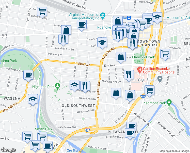 map of restaurants, bars, coffee shops, grocery stores, and more near 355 Highland Avenue Southwest in Roanoke